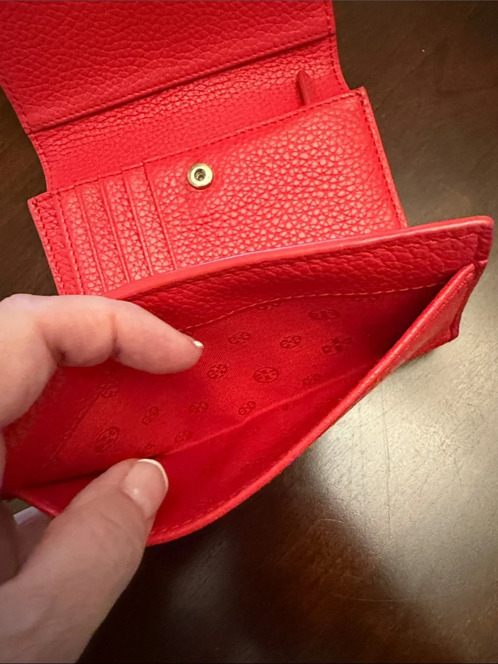 Tory Burch Red Pebbled Leather Flap Wallet with Embossed Logo